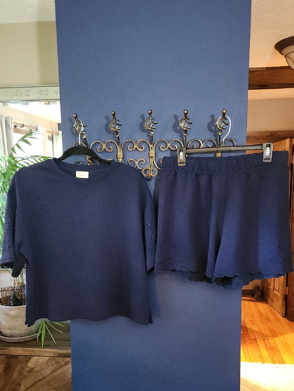 Elie Tahari Navy Crewneck Top And Matching Shorts With Eyelet Detail